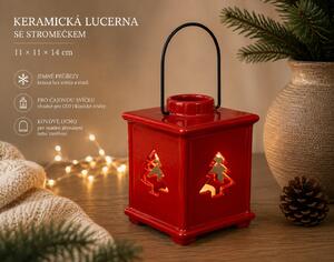 Keramická lucerna se stromečkem – červená, 11 × 11 × 14 cm 9000335-1
