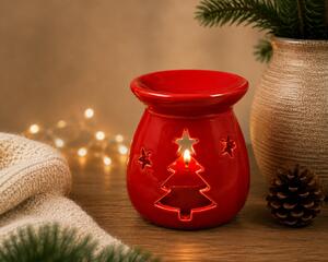 Keramická aroma lampa se stromečkem – červená, 8 × 7 cm 9000359