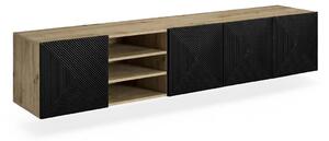 Závěsný TV stolek Asha 200 cm se žebrovaným čelem s výklenkem - dub artisan / černý mat