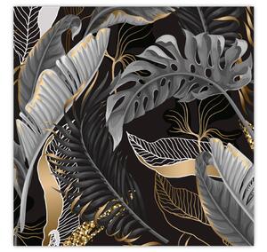 Obraz - Tropické listy v černo-zlaté (30x30 cm)
