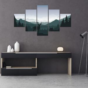 Obraz - Jelen s vlkem ve skalách (125x70 cm)