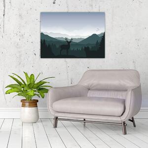 Obraz - Jelen s vlkem ve skalách (70x50 cm)