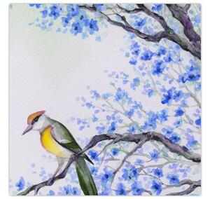 Obraz - Ptáček na stromě s modrými květy (30x30 cm)