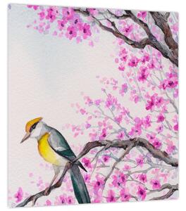 Obraz - Ptáček na stromě s růžovými květy (30x30 cm)