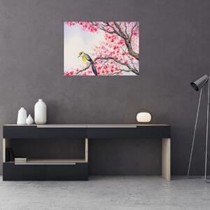 Obraz - Ptáček na stromě s červenými květy (70x50 cm)
