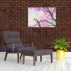 Obraz - Ptáček na stromě s růžovými květy (70x50 cm)