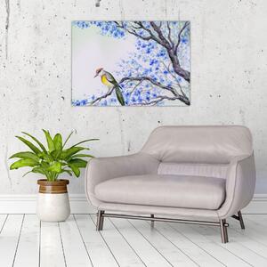Obraz - Ptáček na stromě s modrými květy (70x50 cm)