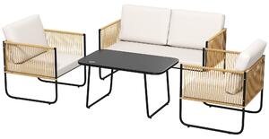 Outsunny Zahradní Souprava pro 4 Osoby, Balkonová Ratanová Lounge se 2-místnou Pohovkou, Křesly, Skleněným Kávovým Stolkem, Odnímatelnými Polstrováním