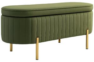 HOMCOM Oválná úložná lavice 72L s výklopným víkem a rýhovaným designem, moderní sametová tkanina a borovicové dřevo, 108x44x43,5 cm, tmavě zelená | Ao