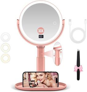 NTHProducts - Kosmetické zrcadlo s osvětlením - Zrcadlo na líčení - Nastavitelná výška - Růžové zlato - Osvětlené zrcadlo na líčení - 30x zvětšení - Vhodné pro