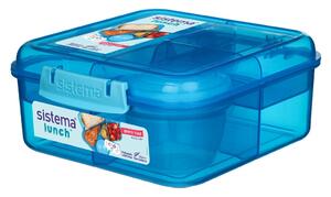 Sistema Dělený svačinový box Lunch Bento Cube s nádobou na jogurt a 2 tácky 1,25 l, modrá