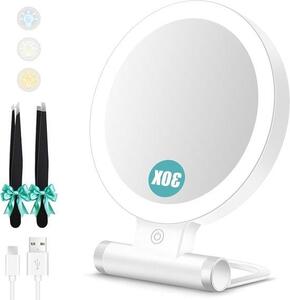 Zažehlené make-up zrcadlo s dvojitým hedvábem, 1X/30X zvětšení, Portable a skládací, 3 barvy osvětlení a nastavitelné jas pro perfektní make-up a cestování