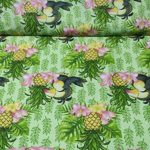 Bavlněná látka, metráž. Papoušek a ananas na Zeleném