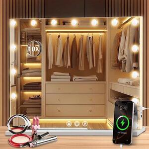 QuickShopping - Světelné zrcátka 58 x 46 cm, Kosmetické zrcadlo s 15 LED LED, Hollywoodské zrcadlo s dotykovým ovládáním, 3 světelné barvy, USB Aa