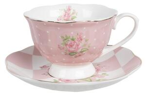 Růžový pruhovaný porcelánový šálek s podšálkem se vzorem růžiček Sweet Roses – 200 ml