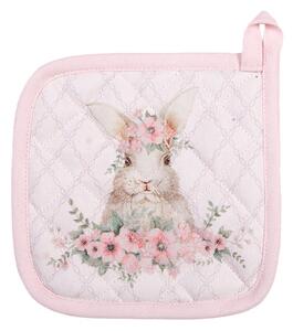 Růžová bavlněná dětská chňapka/podložka se vzorem velikonočního zajíčka a květinového věnce Floral Easter Bunny – 16x16 cm