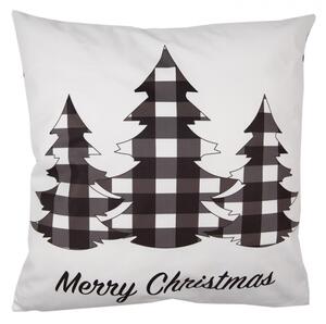 Bílý vánoční povlak na polštář s kostkovaným motivem stromečků Black & White X-Mas – 45x45 cm