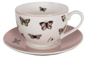 Růžovo-bílý porcelánový šálek s podšálkem s motivem motýlků Butterfly paradise – 200 ml