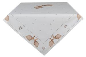 Bílý bavlněný ubrus na stůl se srdíčky a králíčky Bunnies in Love – 100x100 cm