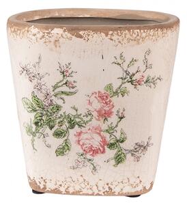 Béžový keramický obal na květináč s odřením a růžovými růžemi Roses V – 13x13x12 cm