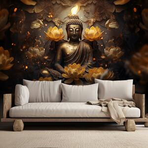 Fototapeta Zlatý Budha a lotosové květiny Materiál: Vliesová, Rozměry: 200 x 140 cm