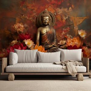 Fototapeta Socha meditujícího Budhy a barevné květiny Materiál: Vliesová, Rozměry: 200 x 140 cm