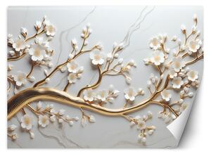 Fototapeta Bílé květiny na zlaté větvi Materiál: Vliesová, Rozměry: 200 x 140 cm