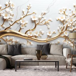 Fototapeta Bílé květiny na zlaté větvi Materiál: Vliesová, Rozměry: 200 x 140 cm