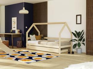 Dětská dřevěná postel domeček SAFE 3v1 se zábranou a úložným šuplíkem - Nelakovaná, 90x200 cm, S otevřeným vstupem