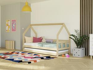Dětská postel domeček FENCE 2v1 ze dřeva se zábranou a přistýlkou - Pastelově růžová, 90x200 cm, S otevřeným vstupem