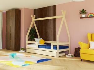 Dětská dřevěná postel SAFE 5v1 ve tvaru teepee se zábranou a úložným šuplíkem - Nelakovaná, 90x200 cm, S otevřeným vstupem