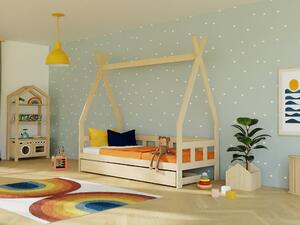 Dětská teepee postel FENCE 4v1 ze dřeva se zábranou a úložným šuplíkem - Nelakovaná, 90x160 cm, S jednou zábranou