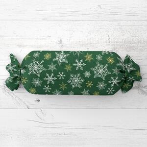 Biante Polštář válec bonbon Sandra SA-703 Vánoční vločky na zeleném 15x40 cm