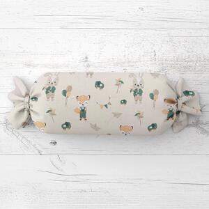 Biante Dětský polštář válec bonbon Sandra SA-701 Zajíčci a lišky s balónky - zelené na světle béžovém 15x40 cm