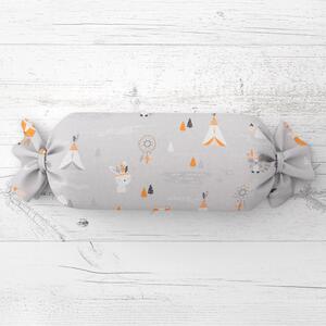 Biante Dětský polštář válec bonbon Sandra SA-699 Oranžová zvířátka Indiáni na šedém 15x40 cm