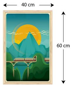 Allboards,Magnetický obraz- vlak na pozadí hor 60x40cm v přírodním dřevěném rámu,TM64D_00062