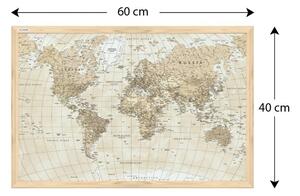 Allboards,Magnetický obraz- mapa světa béžové pastelové barvy 60x40cm v přírodním dřevěném rámu,TM64D_00059
