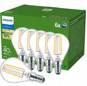 LED žárovka E14 PHILIPS Kulka 2,3W = 40W 210lm/W 2700K Teplá BÍLÁ Třída A 6 ks
