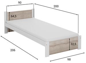 Postel IKAROS 90 x 200 cm, bílá/dub sonoma s laťkovým roštem a matrací Coco Maxi 19 cm