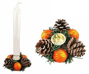 Adventní svícen na vánoční svíčku, s šiškami a červenými kuličkami Ø9cm