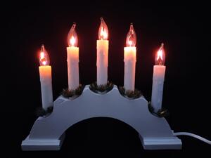 Vánoční dřevěný svícen ve tvaru oblouk, bílá, imitace plamene, 5 svíček