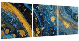 Obraz - Modrá abstrakce se zlatem (s hodinami) (90x30 cm)