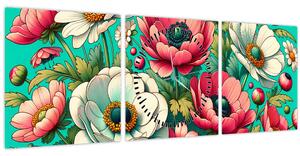 Obraz - Květy na modrém pozadí (s hodinami) (90x30 cm)