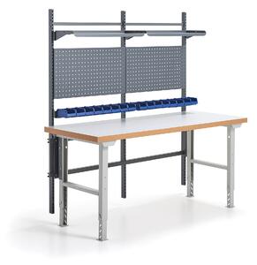AJ Produkty Dílenský stůl SOLID, s panelem na nářadí, boxy a policemi, 2000x800 mm, lamino