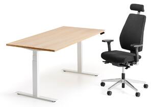 AJ Produkty Sestava QBUS + WATFORD, výškově nastavitelný stůl, bílá/dub + kancelářská židle, černá