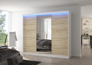 Velká šatní skříň se zrcadlem a LED osvětlením GABRIS - bílá / dub sonoma