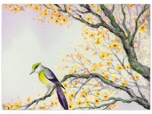Obraz - Akvarelový ptáček na stromě (70x50 cm)