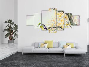 Obraz - Akvarelový ptáček na stromě (210x100 cm)
