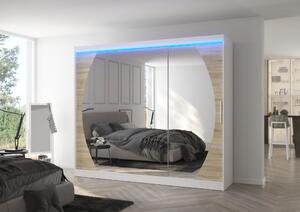 Velká zrcadlová skříň 250 cm s LED osvětlením DANIA - bílá / dub sonoma