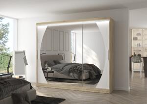 Velká zrcadlová skříň 250 cm s LED osvětlením DANIA - dub sonoma / bílá